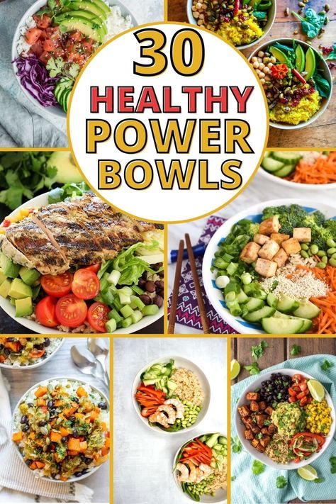 30 of the best gluten-free, meat/seafood, and vegan/vegetarian meal prep power bowls! These make great lunches & dinners, & all can be customized! Using grains like quinoa, proteins like chicken or shrimp, and tons of veggies! Some are low carb, some are vegan and vegetarian, and others can be made into breakfasts! Make ahead buddha bowls can be customized to make the whole family happy! Quinoa Lunch, Power Bowl Recipes, Protein Dinners, Power Bowl Recipe, Bowls Recipes, Man Recipes, Bowl Meals, Burrito Bowls Recipe, Protein Salad