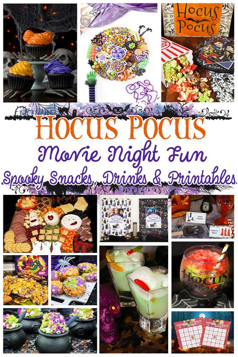 Are you planning a "Hocus Pocus" movie night this year? Check out these spooky fun ideas including drinks, snacks, and printable games and decor to help you throw the best movie party around! Even the Sanderson Sisters would approve! Hocus Pocus Meal Ideas, Hocus Pocus Dinner And Movie, Hocus Pocus Themed Dinner, Hocus Pocus Snack Ideas, Hocus Pocus Movie Night Food, Hocus Pocus Snacks, Hocus Pocus Food Ideas, Hocus Pocus Drinking Game, Hocus Pocus Movie Night