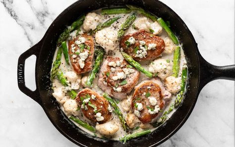 Blue cheese pork medallions, a PlateJoy recipe Meal Planning Recipes, Pork Medallions, Cauliflower Cheese, One Pot Dinner, Pork Tenderloin, Blue Cheese, Meal Plans, Free Trial, Asparagus