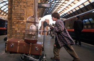 Harry Potter at the train station with his trolley and Hedwig in her cage Hogwarts Online, Harry Potter Train, Philosophers Stone, Buku Harry Potter, The Sorcerer's Stone, Hogwarts Aesthetic, Hogwarts Express, Harry Potter Books, Harry Potter Aesthetic