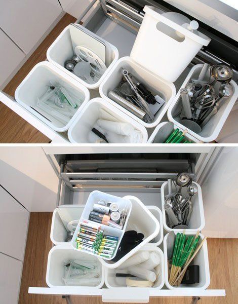 A Smart Organizing Solution For Deep Kitchen Drawers Chez Larsson Deep Kitchen Drawer Organization, Organizer Tips, Small Kitchen Items, Deep Drawer Organization, Organize Kitchen, Ikea Drawers, Tool Drawers, Organized Kitchen, Smart Organization