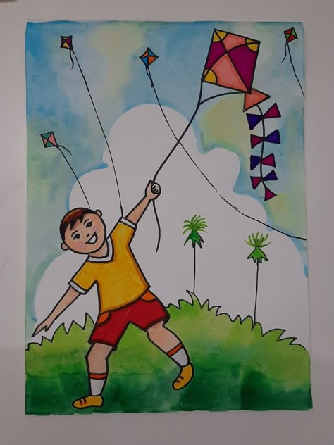 Makar sqnkranti drawing ideas for kids,kite flying kids drawing,kids flying kite drawing Kite Drawing Easy, Kite Flying Painting, Kite Art For Kids, Sankranti Drawing Ideas, Kite Flying Drawing For Kids, Class 4 Drawing Ideas, Kite Drawing Sketch, Makar Sankranti Drawing Ideas, Sankranti Drawing For Kids