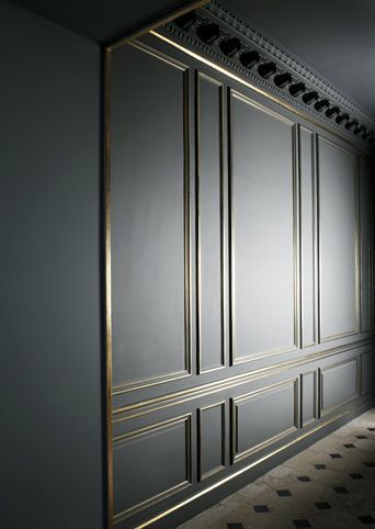 Tips for Painting Walls Black - paint shadow boxes gold and trim dark Palette Design, Design Seeds, Wall Molding, Wall Finishes, Design Del Prodotto, Painting Bathroom, Classic Interior, Wainscoting, Black Walls