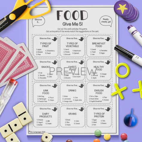 Food-Give-Me-Five-Game English Speaking Game, Game Worksheet, Speaking Games, Esl Kids, Vocabulary Instruction, Food Vocabulary, Give Me Five, Worksheet For Kids, Target Language