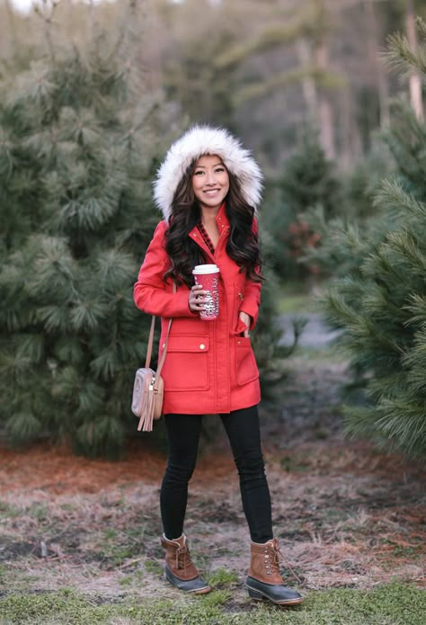 stylish cold weather outfits // holiday red duffel coat faux fur hood extra petite Black Parka Outfit, Cold Weather Outfits Casual, Red Jacket Outfit, Red Parka, Red Coats, Duffel Coat, Extra Petite, Believe Christmas, Warm Winter Jackets