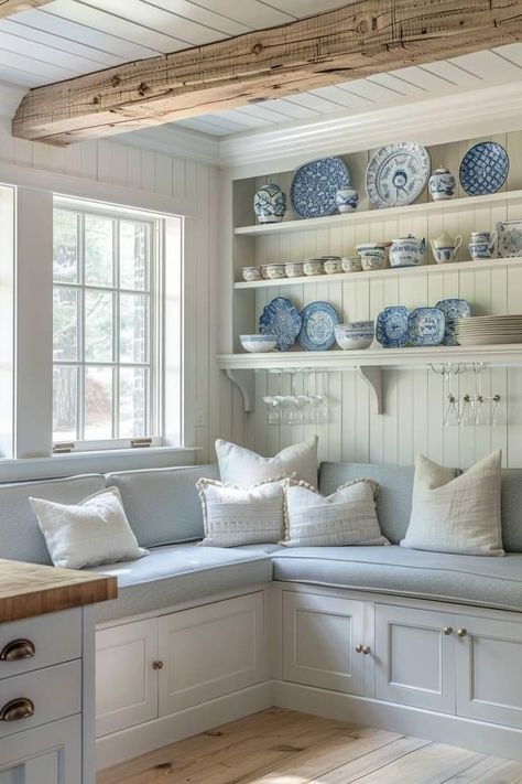 Cape Cod House Kitchen, Cape Cod Kitchen Ideas, 2024 Color Palette, Cozy Kitchen Nook, Cottage House Interior, Muebles Shabby Chic, Coastal Cottage Decorating, Nook Table, Rv Kitchen