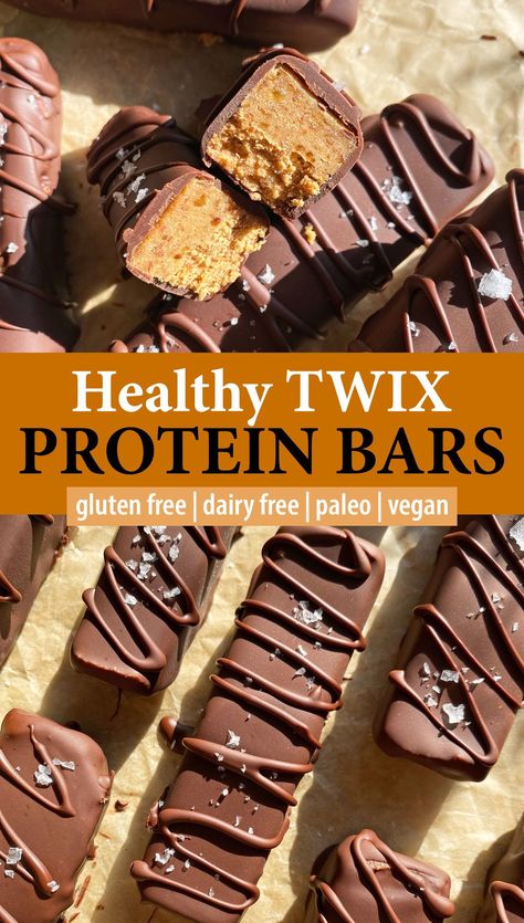 Date Caramel Twix Bars, Nut Protein Bar, Chocolate Protein Snack Recipes, Gluten Dairy Free Protein, Protein Candy Bars, Protein Date Bar, Dark Chocolate Granola Bars, Twix Protein Bar, Protein Twix Bars