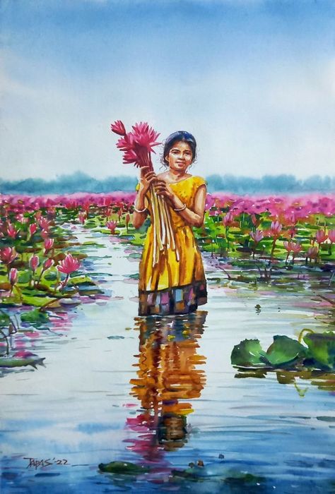 Water Colour Human Paintings, Scenery Painting With Human, Watercolor Art Village, Picture Composition Painting, Water Colour Drawing Scenery, Kerala Watercolor Paintings, Watercolor Paintings Scenery Beautiful, Water Colour Senary Painting, Water Colour Landscape Paintings