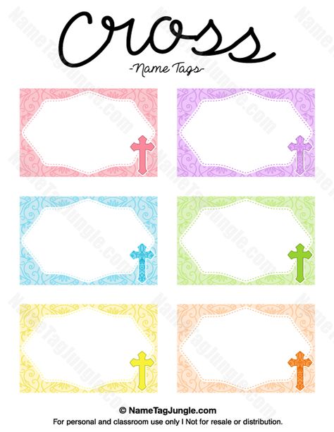 Free printable cross name tags. The template can also be used for creating items like labels and place cards. Download the PDF at http://nametagjungle.com/name-tag/cross/ Free Printable Blank Gift Tags, Blank Printable Gift Tags, Blank Gift Tag Template, Gift Tags Template, Diy Name Tags, Tag Template Free, Easter Cards Religious, Printable Cross, Nametags For Kids