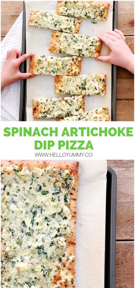 Spinach And Artichoke Dip Pizza, Spinach Artichoke Naan Pizza, Spinach Artichoke Chicken Flatbread, Spinach Dip Flatbread, Homemade Spinach Pizza, Spinach Artichoke Pizza Recipe, Flatbread Appetizers Easy, Artichoke Flatbread Pizza, Spinach Dip Pizza