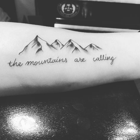 Newest addition - “the mountains are calling” tattoo #tattoo #colorado The Mountains Are Calling And I Must Go Tattoo, Mountains Are Calling Tattoo, Mountain Running Tattoo, The Mountains Are Calling Tattoo, Rocky Mountain Tattoo, Steve Tattoo, Mountain Range Tattoo, Colorado Tattoo, Sloth Tattoo