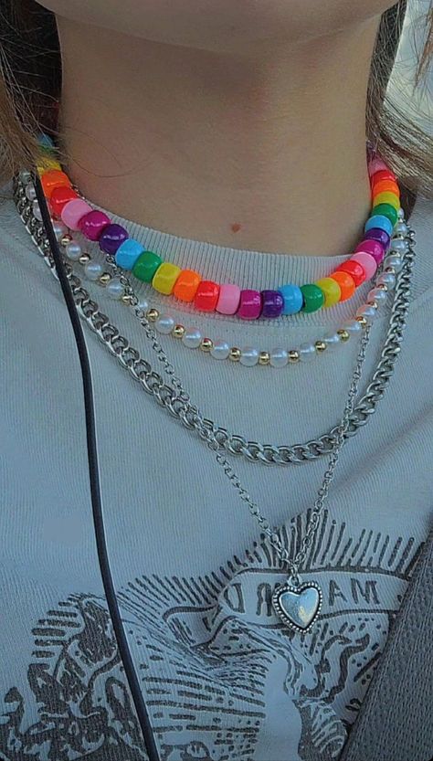 Pony Bead Necklace Ideas, Colorful Beads Choker Gift, Gift Colorful Bead Choker, Beaded Jewelry Aesthetic Indie, Funky Rainbow Jewelry With Colorful Beads, Pony Bead Necklace, Rainbow Colorful Beads Choker, 80s Accessories, Rainbow Choker