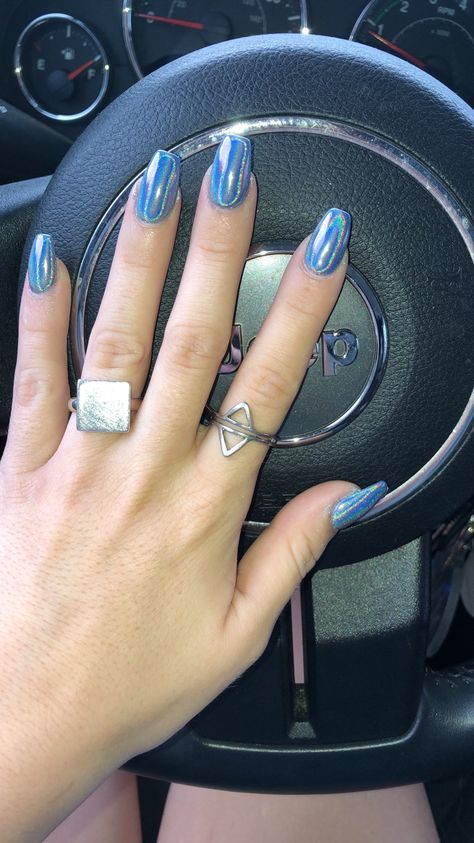 Navy Blue Iridescent Nails, Blue Holographic Nails Acrylic, Iridescent Nails Blue, Blue Holo Nails, Holographic Acrylic Nails, Blue Holographic Nails, College Graduation Nails, Holographic Nails Acrylic, Dance Nails