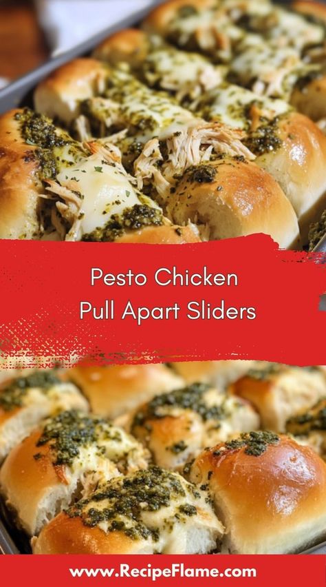 Cheesy Pesto Chicken Pull Apart Sliders: A Crowd Favorite Cheesy Pesto Chicken, Pull Apart Sliders, Chicken Sliders, Meal Suggestions, Pesto Chicken, Pull Apart, Quick Meals, Mouth Watering, Pesto