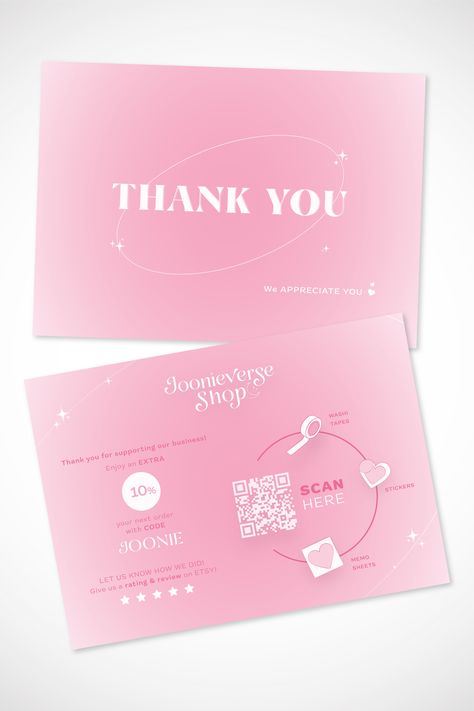 Joonieverse Shop is an online stationery store dedicated to creating beatiful products inspired by Korean boy band BTS. This pink design fits the brand's target audience, and is used as a product insert when a customer makes an order. Aesthetic Moonlight, Packaging Ideas Business, Small Business Packaging Ideas, Thank You Card Design, Branding Design Packaging, Business Thank You Cards, Graphic Design Lessons, Stationery Shop, Trik Fotografi