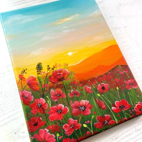 Mini Toile, Sunset Painting Acrylic, Beginners Painting, Flower Painting Canvas, Cute Canvas Paintings, Canvas Painting Designs, Painting Ideas On Canvas, Landscape Art Painting, Canvas Painting Diy