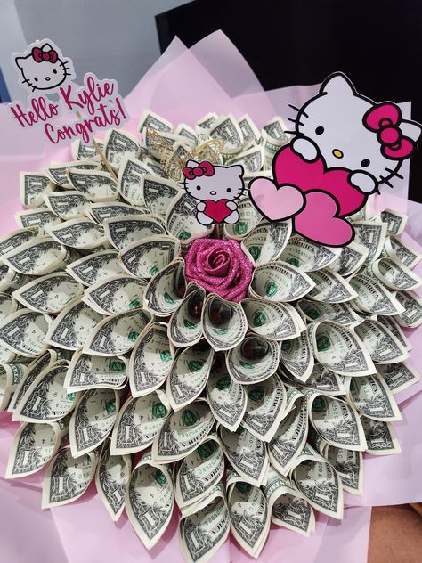 Hello Kitty Money Bouquet - Elegance & Bliss By Msni Custom Creations Hello Kitty Graduation Bouquet, Hello Kitty Hoco Proposal, Hello Kitty Graduation Party, Hello Kitty Theme Birthday Party, Hello Kitty Flower Bouquet, Hello Kitty Basket, Hello Kitty Money, Hello Kitty Things, Money Flower Bouquet