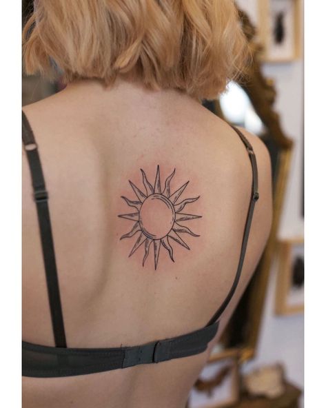 Sun Thigh Tattoo, Sun Chest Tattoo, Back Tats, Armband Tattoos, Elbow Tattoos, Sun Tattoos, Thigh Tattoos Women, Sun Tattoo, Rib Tattoo