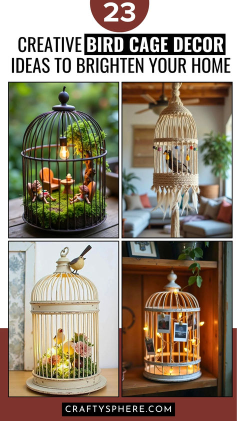 Collage of 4 creative bird cage decor ideas, including fairy garden setups, macramé hangings, floral displays, and lighted centerpieces, perfect for unique home decor inspiration. How To Decorate An Old Birdcage, Birdcage Planter Indoor, Birdcage Repurpose Ideas, Repurpose Bird Cage, Large Bird Cage Decor Ideas, Antique Bird Cage Decor Ideas, Bird Cages Decorated Ideas, Caged Bird Art, Repurposed Bird Cage Ideas