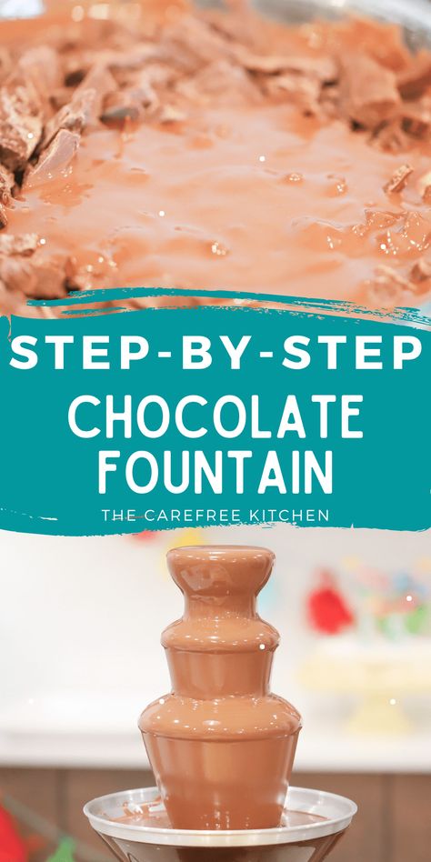 If you’re looking for a dessert idea that is fancy, memorable and super simple, why not give a Chocolate Fountain a try? This step-by-step guide will show you how to melt your chocolate, give you ideas for dipping items and even answer your most frequently asked questions. #thecarefreekitchen #chocolate #fountain #dessert #fancy #buffet #holidays Chocolate For Fountain Recipes, Chocolate Fountain Recipe Easy, Chocolate Fountain Bar Display, Chocolate Fountain Bar Ideas, Chocolate Fountain Recipe, Chocolate Fountain Ideas, Fancy Buffet, Dessert Fancy, Mini Chocolate Fountain