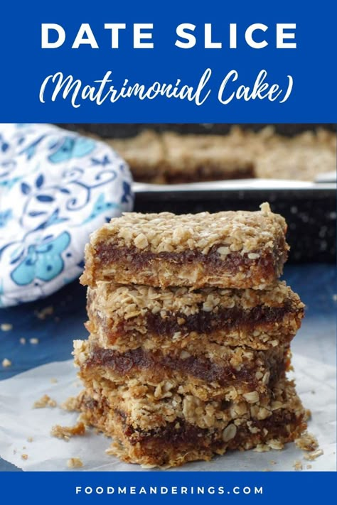 4 date slices stacked on each other with blue patterned oven mitt in the background Matrimonial Cake Date Squares, Matrimonial Cake, Easy Bake Sale Ideas, Potluck Recipes Dessert, Date Filling, Date Slice, Date Square, Bake Sale Treats, Oatmeal Crumble