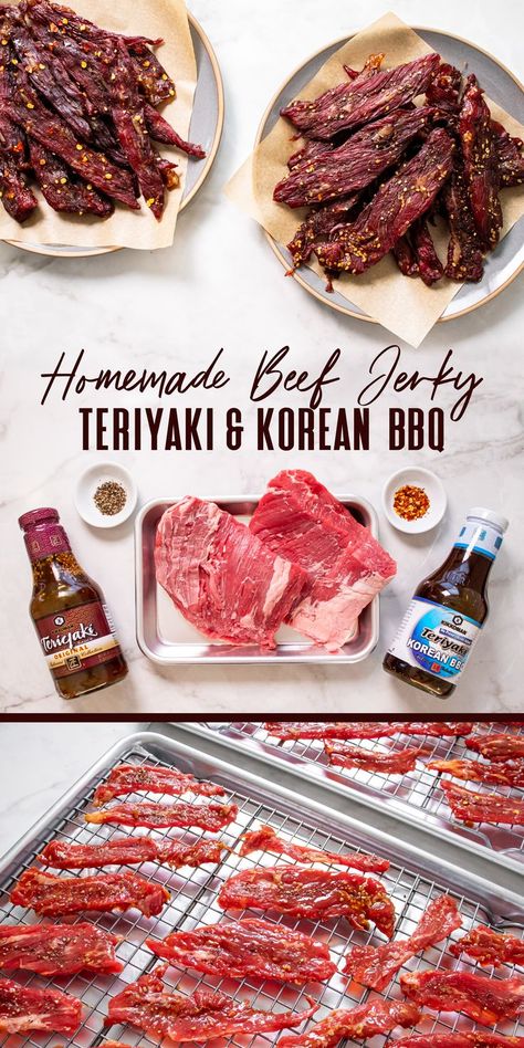 Beef Jerky 2 Ways | Beef jerky has long been known as an easy snack for school, work, picnics, or hiking trips! Learn to make your own with this easy recipe. Start with a pound of flank steak and some Kikkoman® Teriyaki Takumi, in Korean BBQ or Original flavor! Marinate with spices and bake in the oven for 3.5-4 hours. Perfect beef jerky every time. Serve it as part of a charcuterie board or chopped and sprinkled over a salad! What’s your favorite way to eat jerky? #Kikkoman Diy Teriyaki Beef Jerky, Korean Bbq Beef Jerky Recipe, Teriyaki Beef Jerky Marinade Recipe, Pellet Grill Jerky Recipes, Teriyaki Jerky Recipe, Flank Steak Jerky Recipes, Oven Beef Jerky Recipe, Beef Jerky Air Fryer Recipes, Teriyaki Jerky Marinade Recipes