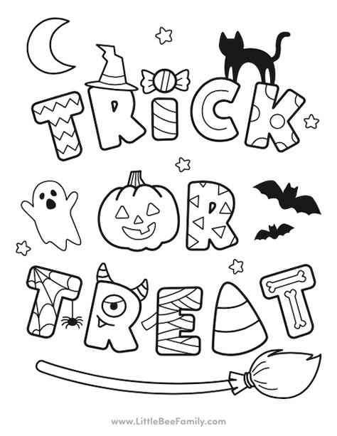 Trick or Treat Coloring Page Halloween Toddler Coloring Pages, Halloween Color Pages For Kids, Halloween Preschool Coloring Pages, Cute Fall Coloring Pages Aesthetic, Toddler Halloween Coloring Pages, Halloween Kids Coloring Pages, Cute Halloween Coloring Sheets, Easy Halloween Coloring Pages, Simple Halloween Coloring Pages