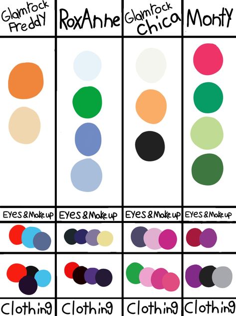 Fnaf  Glamrock, Roxanna Monty, Glamrock Chica and Glamrock Freddy Fnaf Color Pallete, Fnaf Color Palette, Rock Color Palette, Character Color Palette, Fnaf Pictures, Gang Color, Glamrock Chica, Pictures To Color, Glamrock Freddy