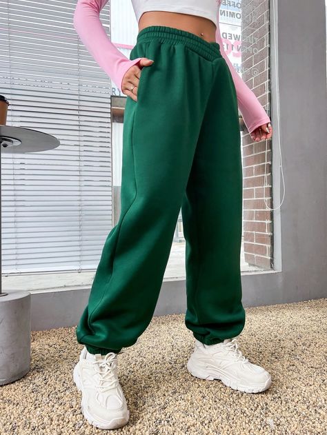 Dark Green  Collar  Fabric Plain Jogger Embellished Slight Stretch  Women Clothing Women Sweatpants, Pocket Sweatpants, Collared Greens, Rose Bonbon, Womens Sweatpants, Women Clothing, Dark Green, Elastic Waist, Sweatpants