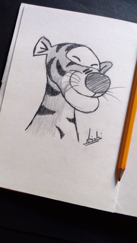 Disney Drawing Inspiration, Tigger Easy Drawing, Tigger Drawings Easy, Winnie The Pooh Sketches Easy, Fun Drawing Ideas Doodles, Tigger Sketch, Cartoon Sketches Doodles, Winnie The Pooh Sketches, Tigger Drawings