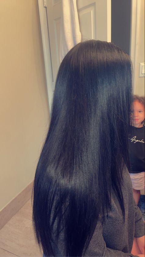 Long Hair Goals Black Women, Black Straightened Hair, Relaxed Long Hair, Long Straight Hair Black Women, Jet Black Silk Press, Long Silk Press, Silk Press Natural Hair Long, Black Woman Straight Hair, Relaxers For Black Hair