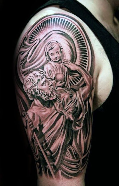 Religious Mens Saint Christopher Half Sleeve Tattoo Design Inspiration St Christopher Tattoo, Saint Tattoo, Different Styles Of Tattoos, C Tattoo, Religious Tattoos, St Christopher, Best Sleeve Tattoos, Saint Christopher, Half Sleeve Tattoo