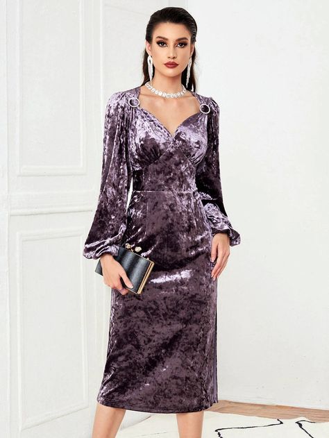 Shop Dresses Online, Pink Lilac, Online Dress Shopping, Lantern Sleeve, Lantern Sleeves, Shop Dresses, Velvet Dress, Women Dresses, Winter Women