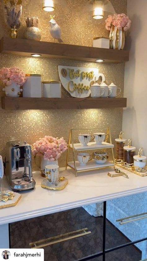 Glamorous Coffee Bar Ideas, Chic Coffee Station, French Coffee Bar Ideas, Farah Merhi Coffee Station, Fancy Coffee Bar Ideas, Black And Gold Coffee Bar Ideas, Coffee Counter Decor, Coffee Counter Station, Coffee Shelf Decor