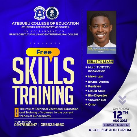 Free skills training in ATECOE,flyer designed by oppomence graphics in Ghana (0247369275) Training Flyer Design, Training Design, Graphic Design Flyer, Flyer Design Inspiration, Graphic Design Company, Merry Christmas Wishes, Skill Training, Skills To Learn, Social Media Design Graphics