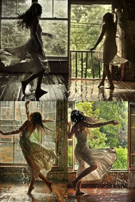 On a rainy afternoon, the woman opens her windows to let in the sound of raindrops falling. She dances barefoot on the wooden floor, her movements light and joyful, as if she's dancing with the rain itself, her spirits lifted by the soothing rhythm of the rain. Dancing In The Rain Reference, Dancing In The Rain Photoshoot, Woman In Rain Photography, Dancing Woman Reference, Dancing In Rain Aesthetic, Woman Dancing Aesthetic, Dancing In The Rain Alone, Dancing In A Dress, Rainy Dance