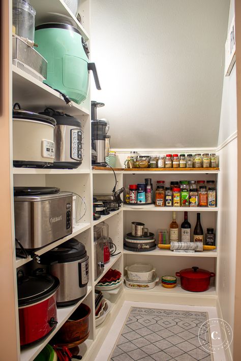 We're sharing our experience working through our DIY under-the-stairs coat closet pantry conversion! Our underused closet is now so useful! Staircase Pantry, Pantry Conversion, Pantry Under The Stairs, Organize A Pantry, Under Stairs Pantry, Room Under Stairs, Closet Under Stairs, Pantry Closet Design, Closet Pantry