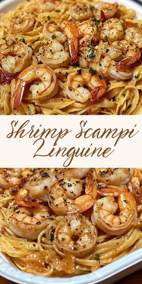 This Shrimp Scampi Linguine recipe brings restaurant-quality flavor to your kitchen! A creamy garlic butter sauce, juicy shrimp, and perfectly cooked linguine come together in this quick and easy pasta dish. Ready in just 20 minutes, it’s the perfect weeknight dinner that feels like a special treat. 🙌✨ #ShrimpScampi #Linguine #EasyPasta #SeafoodPasta #GarlicButterShrimp #QuickDinner #WeeknightMeals #ShrimpRecipe #PastaLovers #DinnerIdeas #ItalianCuisine Grilled Shrimp And Pasta Recipes, Seafood Scampi Pasta, Italian Shrimp Dishes, Shrimp Scampi Linguini Recipes, Creamy Shrimp Linguine Recipe, Shrimp And Linguine Recipes, Shrimp Linguine Recipe Easy, Shrimp Picatta Recipe, Garlic Shrimp Linguine Recipe