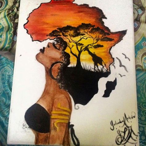 Painting by Yolande Mokuba 😍😍😍 Canvas Painting Black, American Wall Art, African American Wall Art, African Sunset, African Paintings, African Wall Art, Beauty Posters, Landscape Wall Decor, Wall Canvas Painting