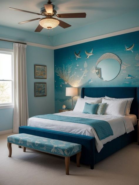 Create an underwater paradise in your bedroom by using a fish-print tapestry as a focal point. Complete the look with a shell-shaped bedside table and string blue LED lights across the ceiling for a serene and dreamy atmosphere. Beach Theme Bedroom, Ocean Inspired Bedroom, Themed Bedroom Ideas, Underwater Bedroom, Ocean Room Decor, Ocean Themed Bedroom, Ocean And Beach, Ocean Room, Beach Themed Bedroom