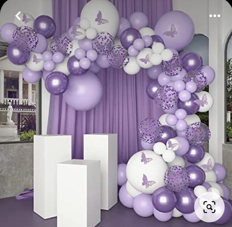 Baloon Decorations Lavender, Lilac And White Decorations, Purple Birthday Decoration Ideas, Debut Theme Ideas 18th Simple Purple, Lilac Butterfly Birthday Party Ideas, Purple 18th Birthday Party Ideas, Lavender Themed Party, Purple Decorations Party Birthday, Purple Balloon Decor