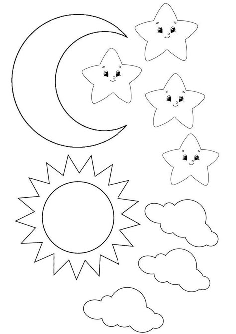 Moon Craft, Sun Coloring Pages, Moon And Clouds, Bible Crafts Sunday School, Moon Coloring Pages, Star Coloring Pages, Moon Crafts, Preschool Arts And Crafts, Moon And Sun