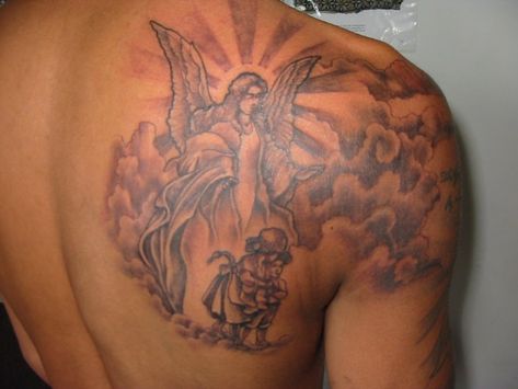 Angel And Clouds Tattoo, Clouds Tattoo, Wing Tattoo Men, Tattoo Son, Blade Tattoo, Shoulder Blade Tattoo, Verse Tattoos, Dr Woo, Angel Tattoos