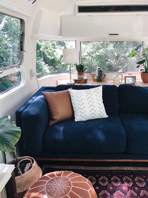 Blue Couch Living Room, Airstream Living, Ikea Pillows, Airstream For Sale, Blue Couch, Airstream Remodel, Airstream Interior, Airstream Renovation, Blue Couches