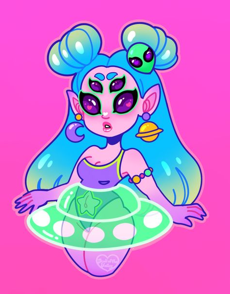 Alien Character Design Cute, Alien Pfp Aesthetic, Alien Cute Drawing, Alien Girl Drawing, Cute Alien Oc, Cute Alien Art, Alien Girl Art, Alien Pinup, Cute Alien Drawing