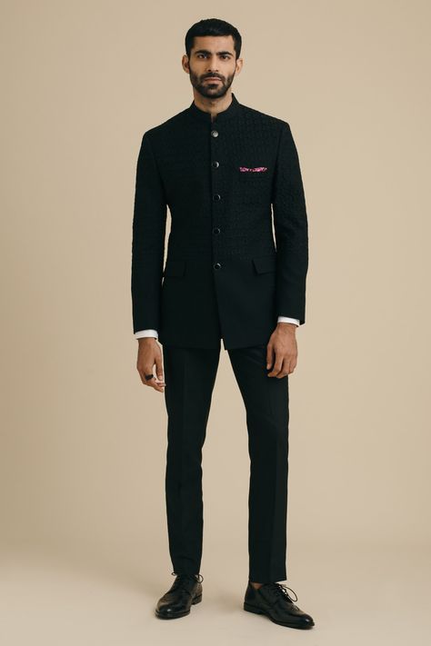 Buy Milan Embroidered Thread Floral Bandhgala For Men by Philocaly Online at Aza Fashions. Mandarin Collar Tuxedo, Mens Wedding Guest Outfit Indian, Pocket Square For Black Suit, Cocktail Groom Outfit, Wedding Reception Mens Outfit, Cocktail Outfit For Groom, Mandarin Suits Men, Mandarin Collar Shirt Mens Suit, Sangeet Suit For Men