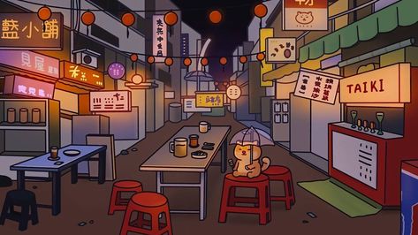 Ramen Shop Wallpaper, Night Market Illustration, Japanese Food Aethstetic, Asian Night Market, Food Aethstetic, Hd Wallpapers For Pc, Ramen Shop, Doodle Illustration, Night Market