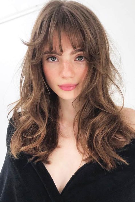 Haircuts For Long Hair And Bangs, Highlights With Bangs, Bangs Wavy Hair, Beyonce Hair, Wispy Hair, Color Highlights, Long Brunette, Fringe Hairstyles, Wispy Bangs