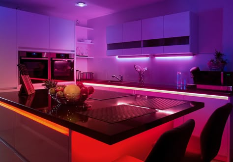 Ysl Headquarters, Neon Kitchen Aesthetic, Vaporwave Kitchen, New York Penthouse Aesthetic, Neon Kitchen, Penthouse Aesthetic, Stylish Kitchen Decor, New York Penthouse, 80s Interior