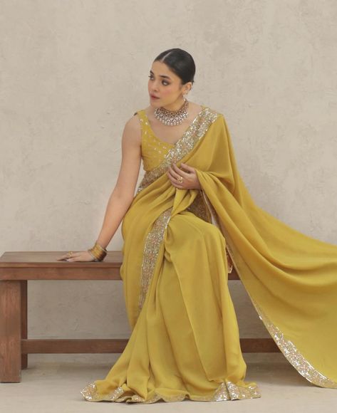 yellow sari perfect for haldi and dholki functions Yellow Sari, Desi, Yellow